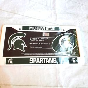 RICO MICHIGAN STATE SPARTAN LICENSE PLATE FRAME GREEN/WHITE TWO DECALS